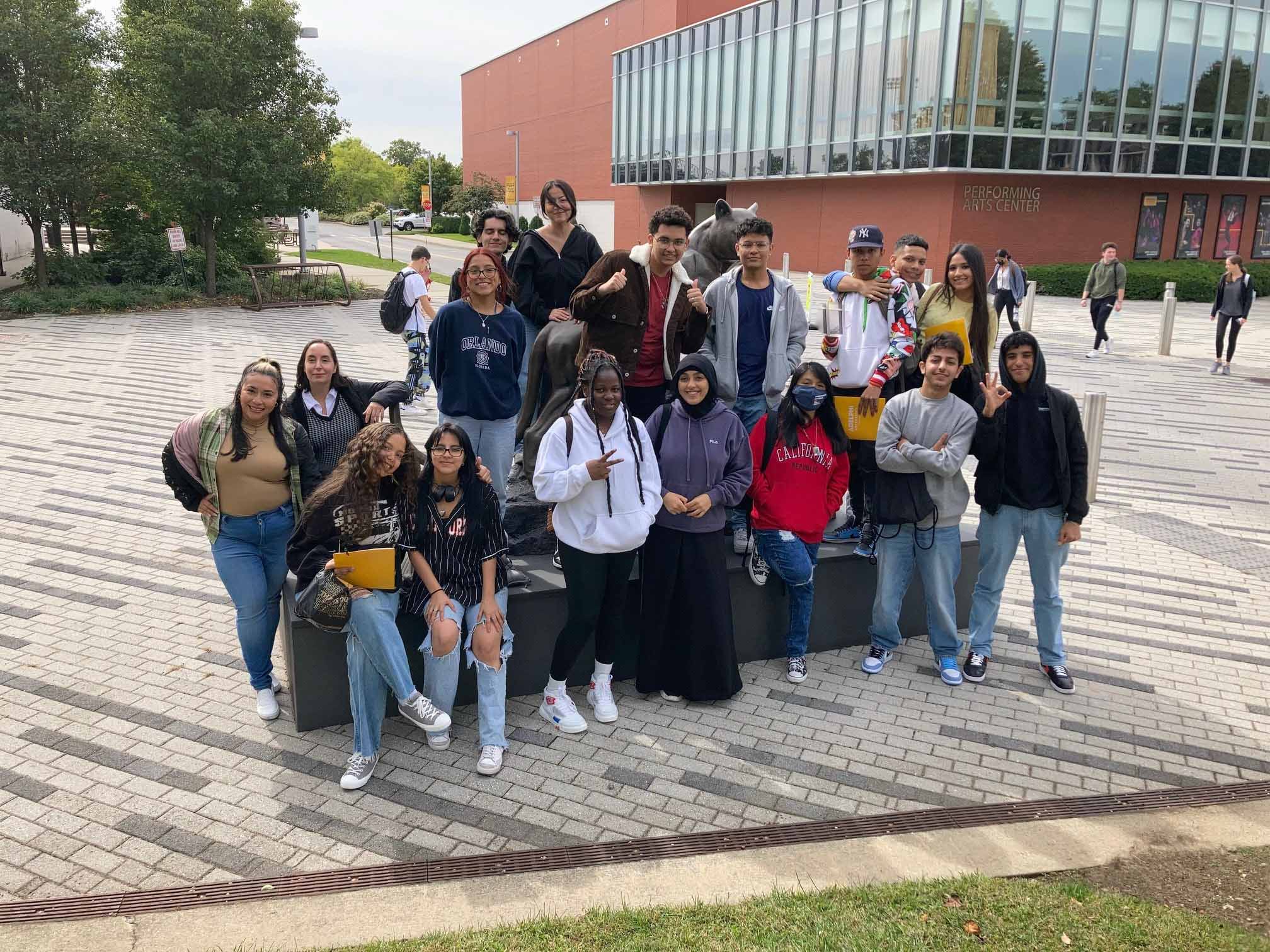 Students from the International High School posing for a picture in front of the Pan American building.